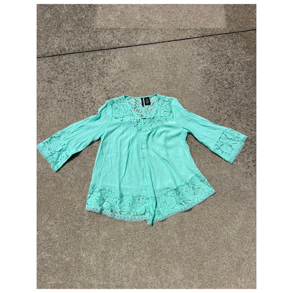 New‎ Directions Lace Blouse Petite Small Teal Boho Poetcore Romantic Button Down